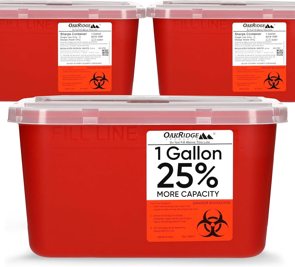 Oakridge Products Large Sharps Container for Home Use and Professional 1 Gallon (3-Pack), Biohazard Needle and Syringe Disposal, Pop Up Lid, CDC Certified