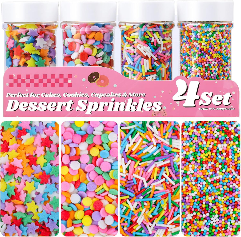 Rainbow Sprinkles for Cake Decorating, 11.3oz Edible Desset Sprinkles with Star Confetti Jimmies Nonpareils, 4 Jars Set Sprinkles for Baking Cupcakes Cookies