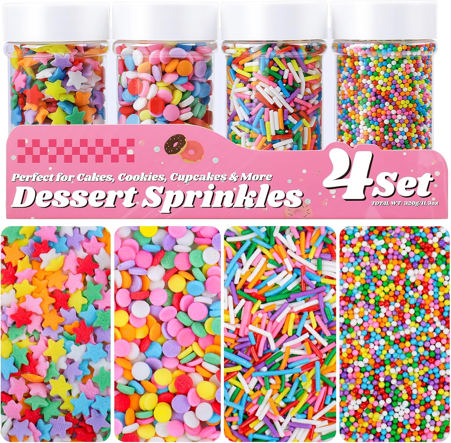 Rainbow Sprinkles for Cake Decorating, 11.3oz Edible Desset Sprinkles with Star Confetti Jimmies Nonpareils, 4 Jars Set Sprinkles for Baking Cupcakes Cookies