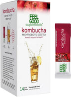FeelGood Superfoods Kombucha Iced Tea Packets, Delicious Pomegranate Flavored Refreshing Instant Kombucha Powder Fizzy Drink, Probiotic Supplement for Gut Health, 14 pack