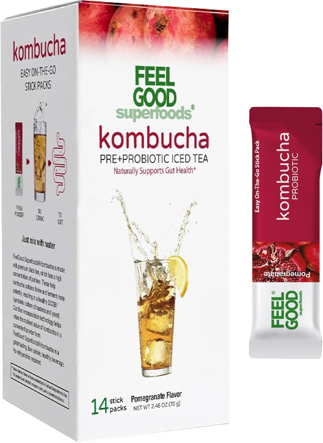 FeelGood Superfoods Kombucha Iced Tea Packets, Delicious Pomegranate Flavored Refreshing Instant Kombucha Powder Fizzy Drink, Probiotic Supplement for Gut Health, 14 pack