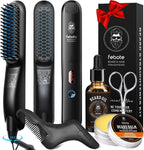 Beard Straightener Kit for Man- Heated Grooming Beard Brush, Beard Balm,Comb,Beard Growth Oil, Value Gift Set for Fathers Day,No-Scald,for Soft,Thick,Curly Beard,Prevent Damage