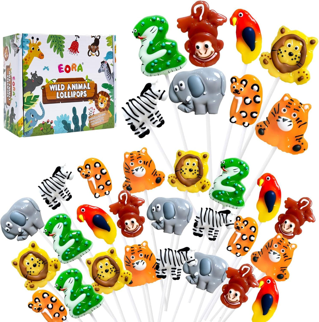 Wildlife-Shaped Lollipops 24 Pack, 8 Shapes + 8 Flavors Safari Animal-Themed Candy Suckers For Zoo Birthday, Jungle Theme Sweet Treats Individually Wrapped Bulk, Wildlife Conservation Candy