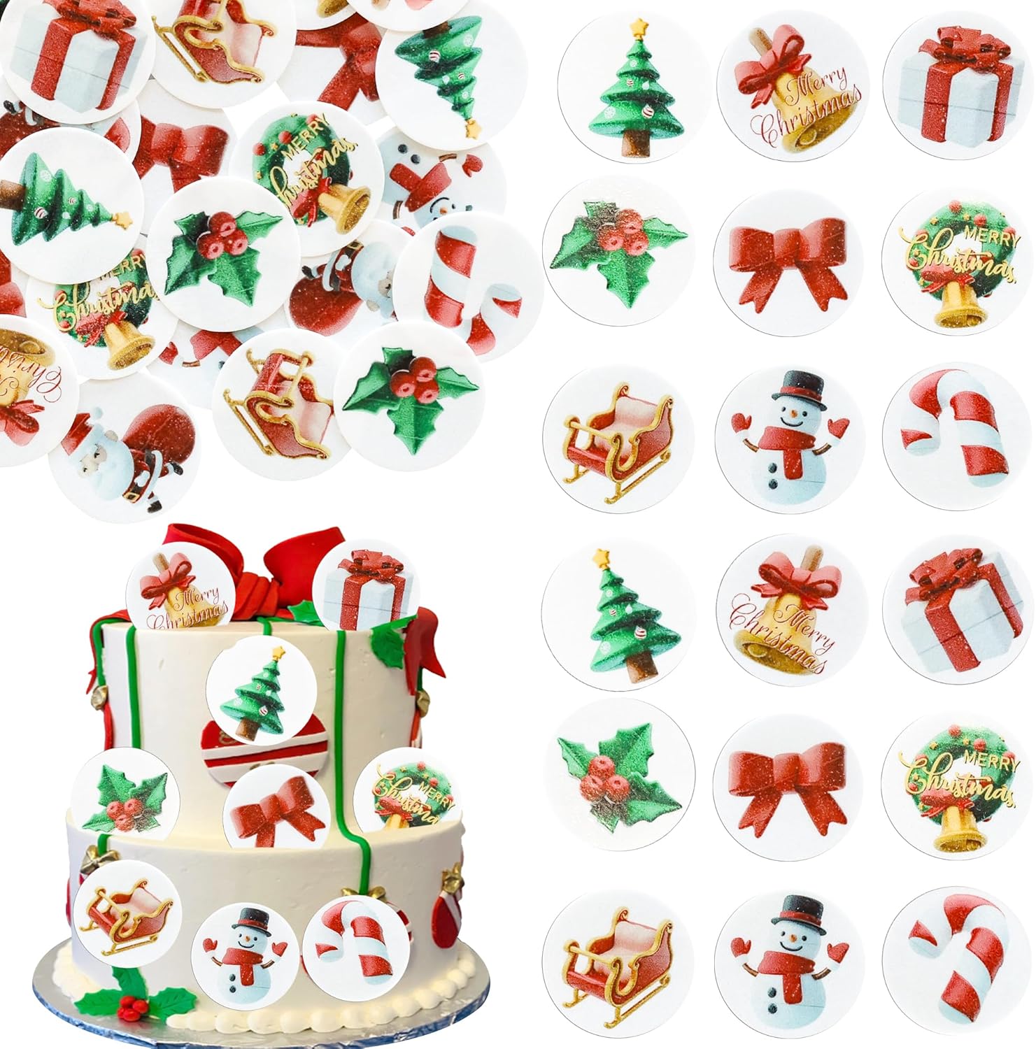 Gyufise 48Pcs Edible Merry Christmas Cupcake Toppers Wafer Paper Round Christmas Cake Topper for Xmas Women Men Birthday Anniversary Party Supplies Multi