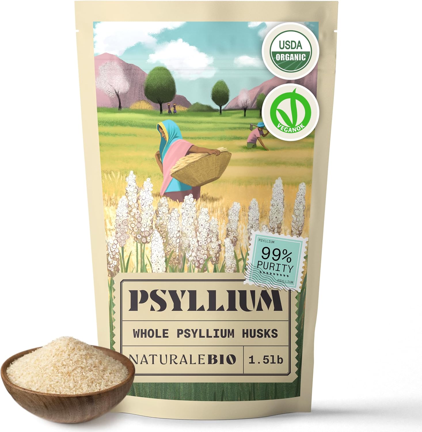 NaturaleBio Organic Whole Psyllium Husk 1.5lbs (24oz, 680g). 99% Pure Psyllium Seed Husks. USDA Organic Certified. Isabgol Natural Fiber for Keto, Paleo, Vegan & Gluten-Free Diets.