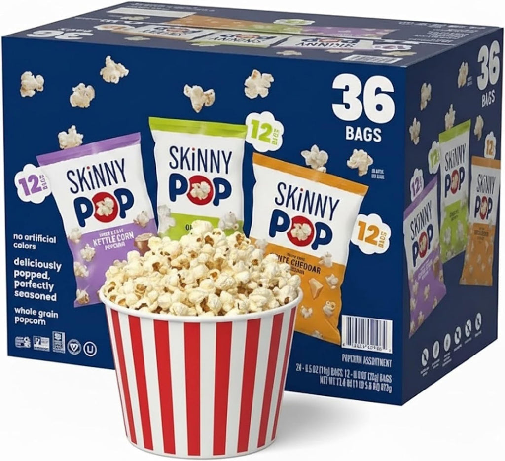 Real Popcorn Bags, Variety Pack, Individual Snack Bags, Popcorn Gift Set, Original, White Cheddar, Kettle Corn Popcorn (Pack of 36)