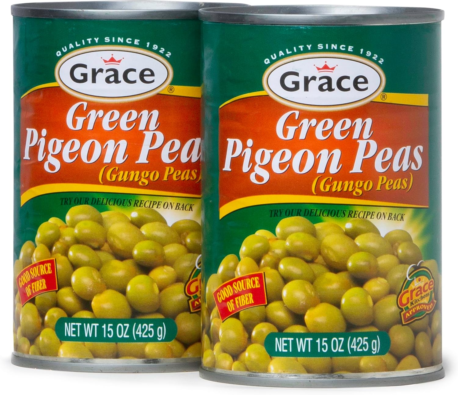 Grace Green Pigeon Peas Canned 15oz - 2 Pack - Jamaican Gungo Peas & Congo Peas - Caribbean Guandules Verdes - Peurto Rican Gandules Verdes - Indian Toor Dal Canned Peas