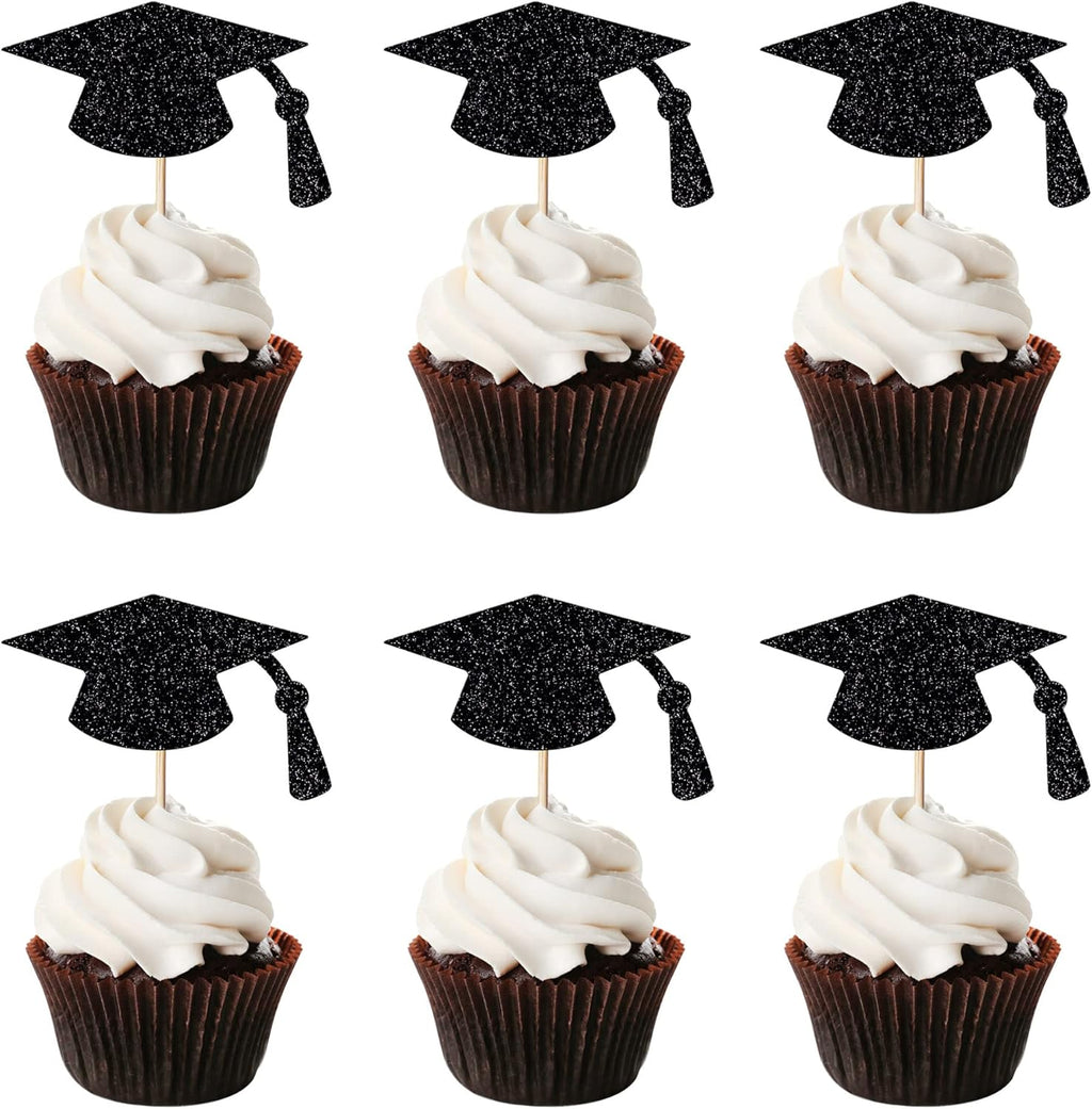 24pcs Graduation Cupcake Topper - Black Glitter Graduation Cap Graduation Diploma Cupcake Topper- Class Of 2024 Graduation Party Cake Decorations (Black Glitter)