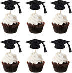 24pcs Graduation Cupcake Topper - Black Glitter Graduation Cap Graduation Diploma Cupcake Topper- Class Of 2024 Graduation Party Cake Decorations (Black Glitter)