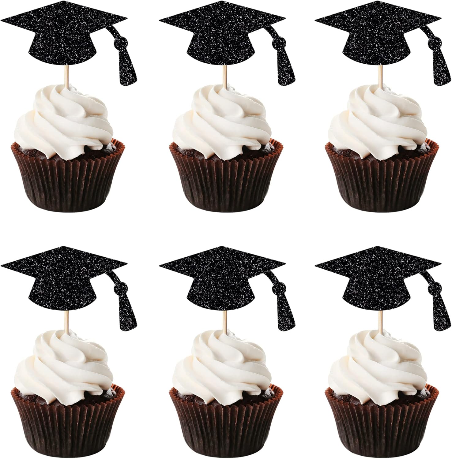 24pcs Graduation Cupcake Topper - Black Glitter Graduation Cap Graduation Diploma Cupcake Topper- Class Of 2024 Graduation Party Cake Decorations (Black Glitter)