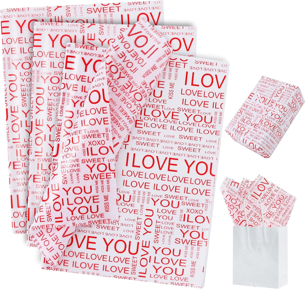 BEISHIDA White Red Mother's Day Tissue Paper Bulk,I Love You Wrapping Tissue Paper for Gift Bags, 14 x 20 Inch Gift Wrap for Valentines Wedding DIY Crafts Holiday Flowers-50 Sheets