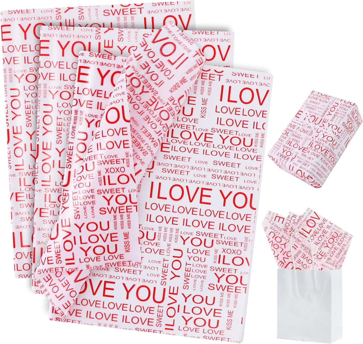 BEISHIDA White Red Mother's Day Tissue Paper Bulk,I Love You Wrapping Tissue Paper for Gift Bags, 14 x 20 Inch Gift Wrap for Valentines Wedding DIY Crafts Holiday Flowers-50 Sheets