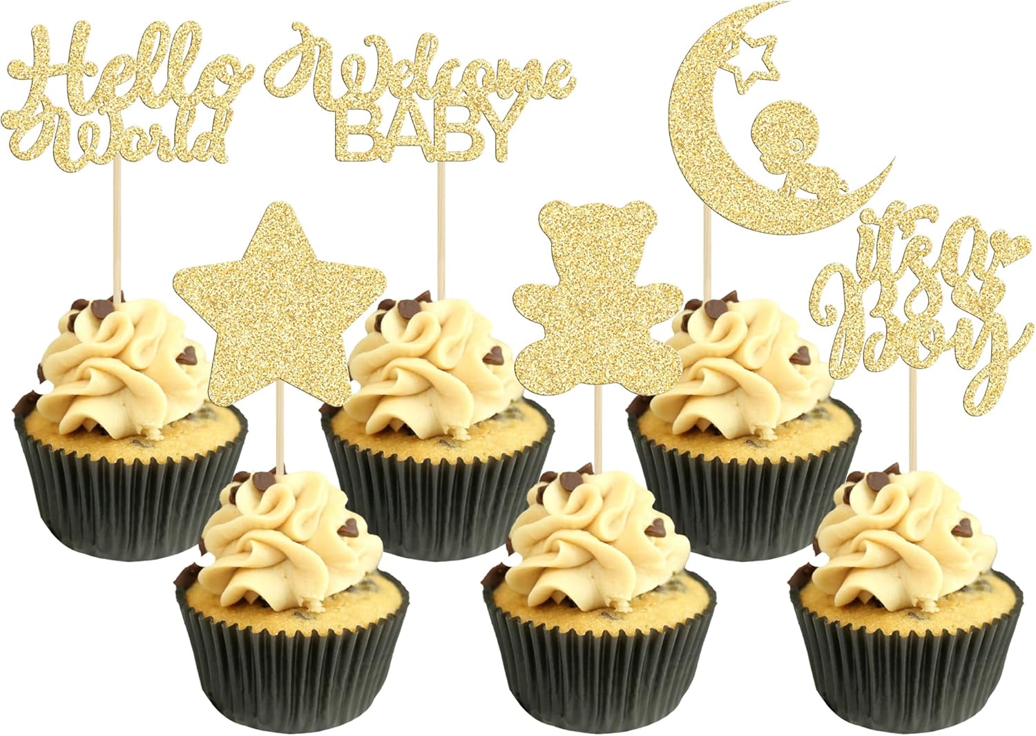 Gyufise 24Pcs Gold Glitter Baby Shower Boy Cupcake Toppers with Moon Bear Star It's a Boy Gender Reveal Cupcake Picks Decorations for Baby Shower Kids Boys Birthday Party Supplies