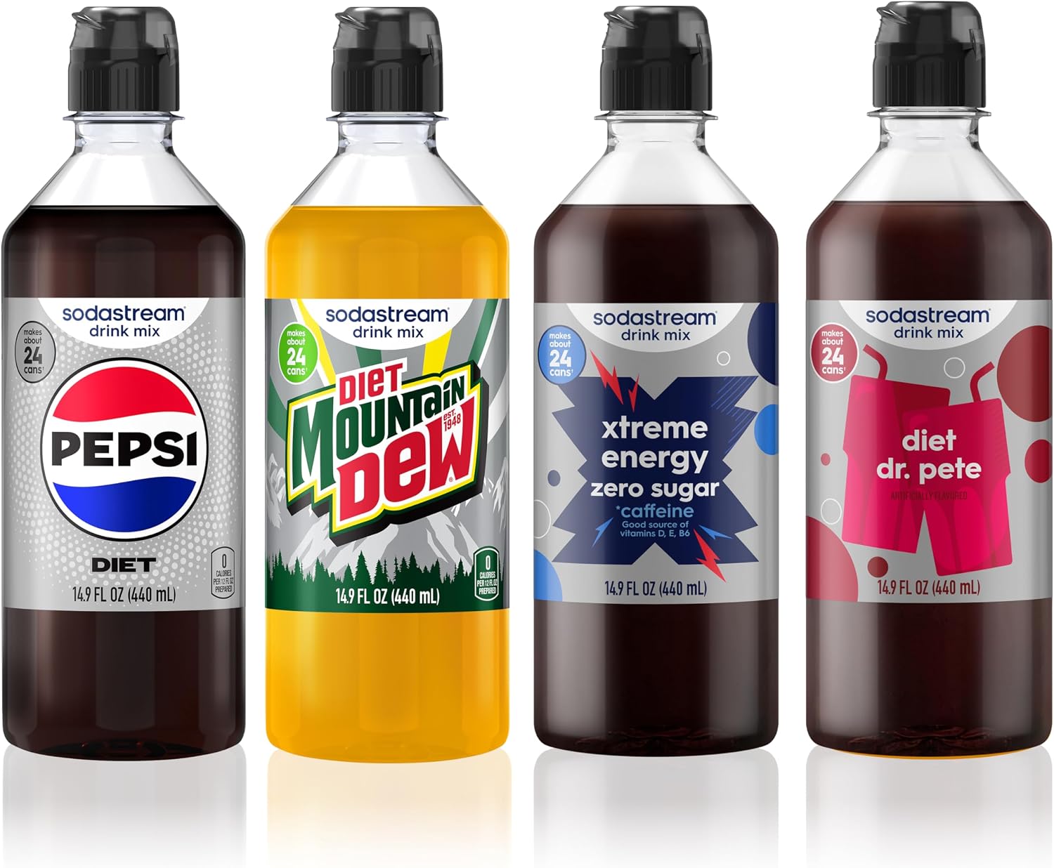 SodaStream Diet Pepsi, MTN Dew, Energy, Dr. Pete New Pour Bottle, Variety Pack 440ml (Pack of 4)