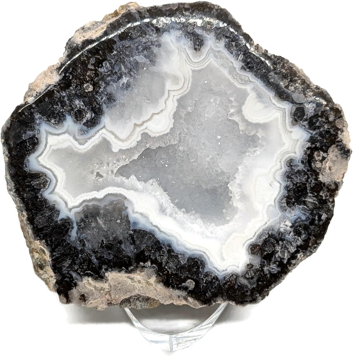 Hollow Geode Half with Quartz Crystals and Display Stand – Premium Quality Fluorescent Agate Rock | Natural Décor, Science Display or Collector Gift
