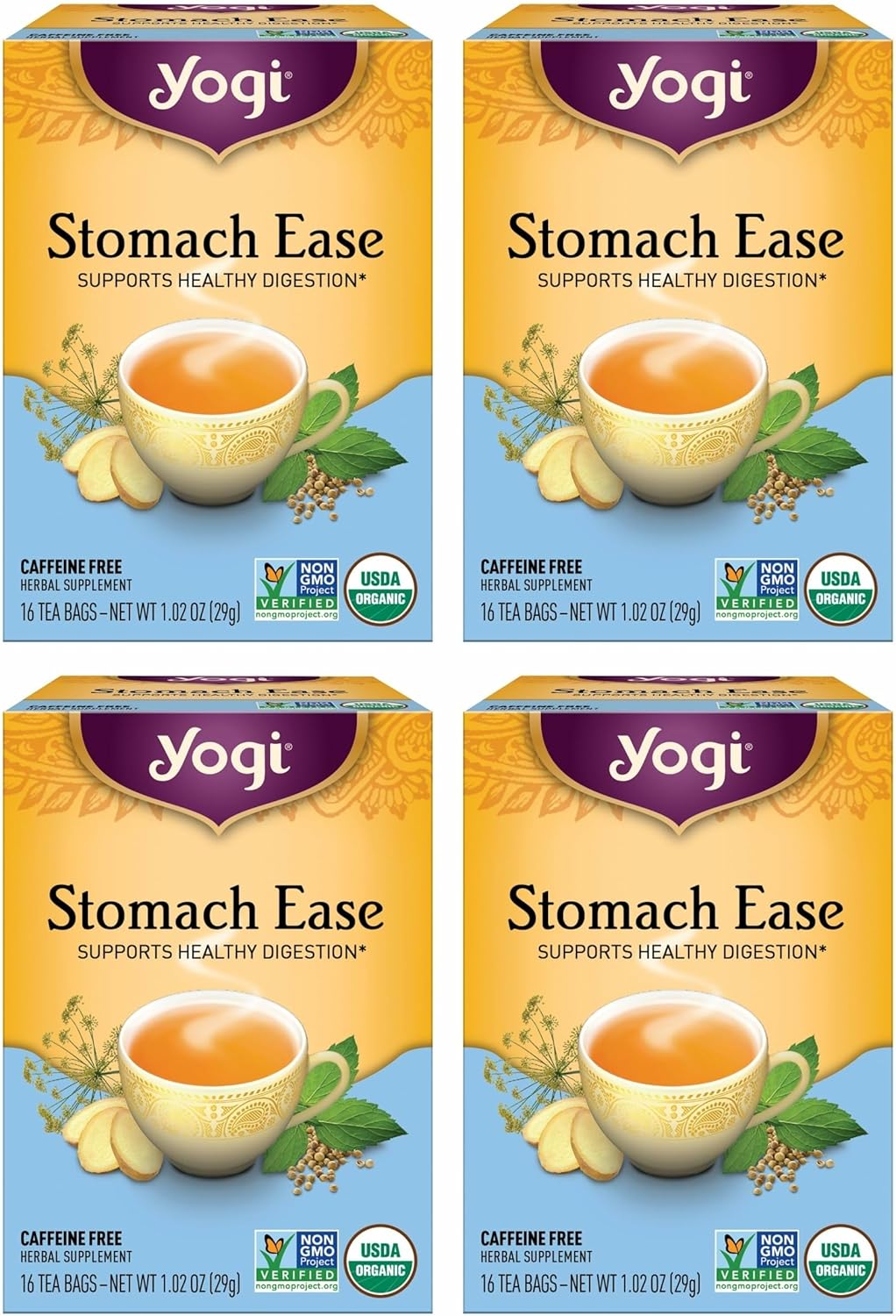 Yogi Tea Stomach Ease - 16 Bags per Pack (4 Packs) - Digestive Tea to Help Soothe & Calm the Stomach - Includes Licorice, Fennel, Ginger, Peppermint & More