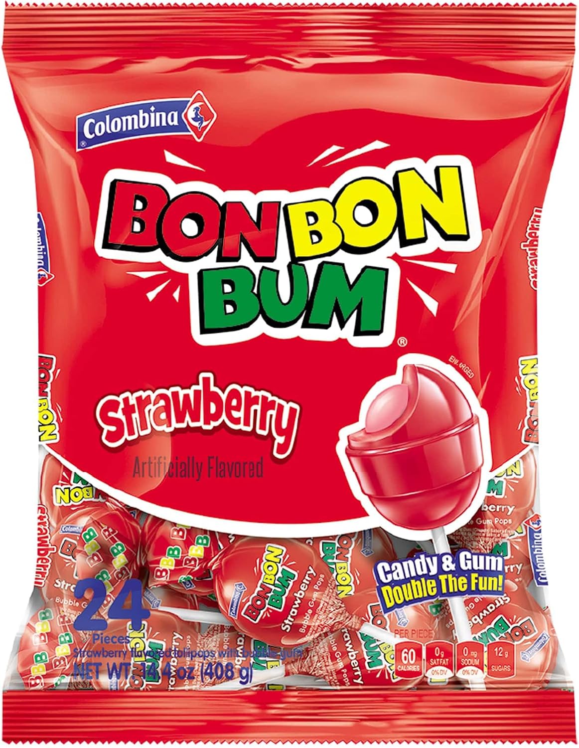Colombina Bon Bon Bum Strawberry Lollipops Fruit Hard Candy, Individually Wrapped Sweet Strawberry Pops, 24 Count