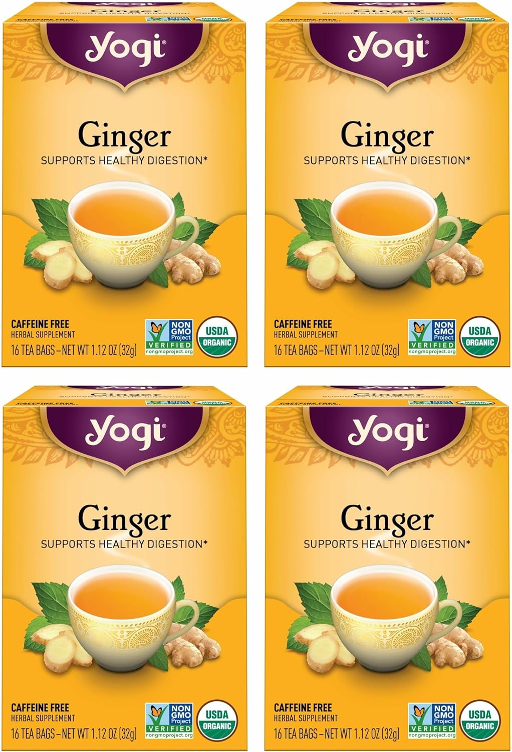 Yogi Tea Ginger - 16 Bags per Pack (4 Packs) - Organic Digestive Support Tea - Includes Ginger Root, Lemongrass, Licorice Root, Peppermint Leaf & Black Pepper | Includes Ginger Root, Lemongrass, Licorice Root, Peppermint Leaf, Black Pepper