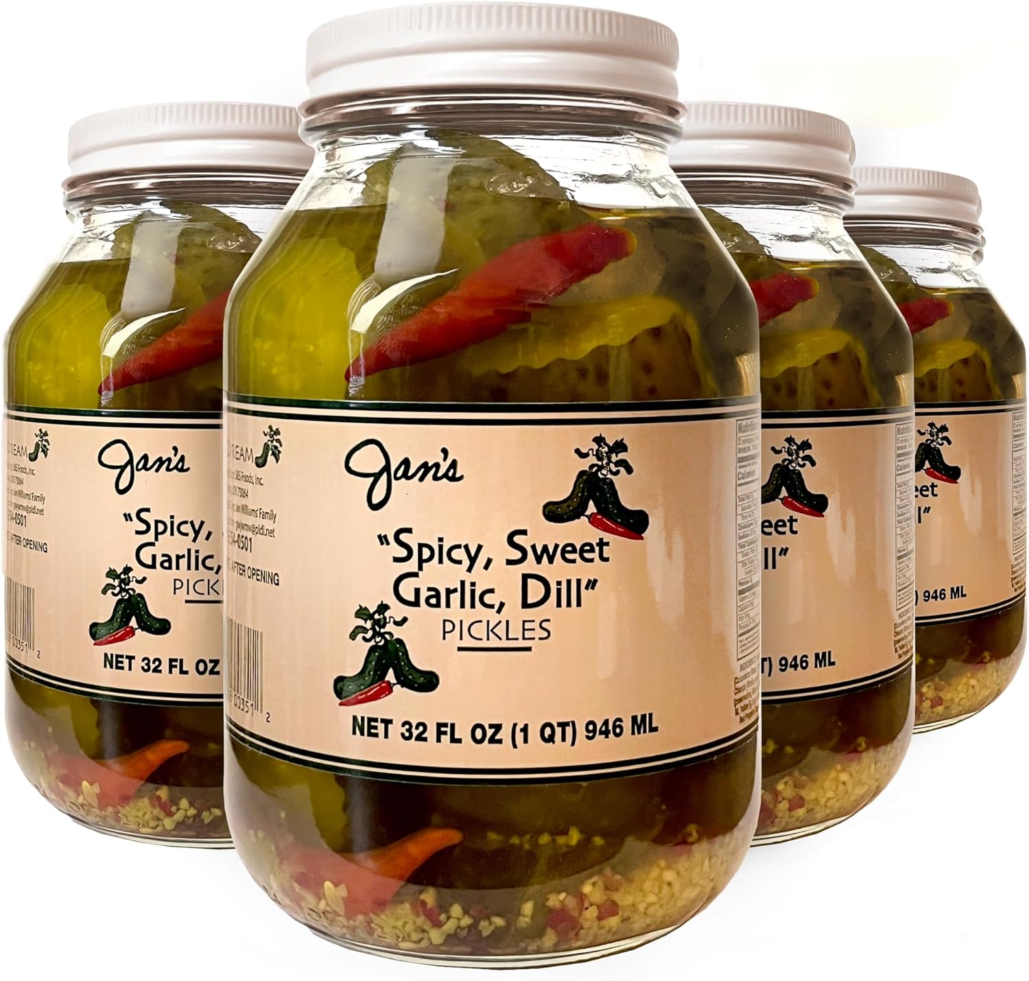 Jan's Pickles - Spicy Sweet Garlic Dill Pickle Chunks (4 Jars) Kosher, Homemade, Gourmet Flavored and Sliced Dills | 32 fl oz (1 qt) | Spicy, Sweet, and Garlic Flavor Combinations Available