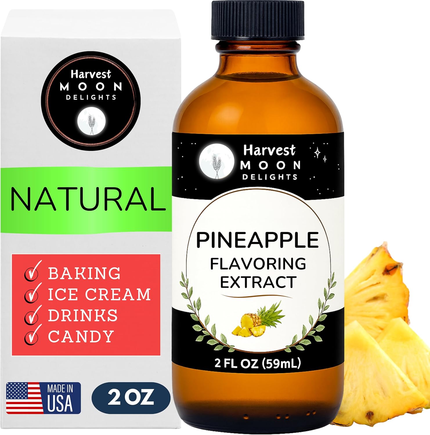 Natural Pineapple Extract for Baking, Drinks, Ice Cream and Candy - 2 Oz - Water-Soluble - Harvest Moon Delights
