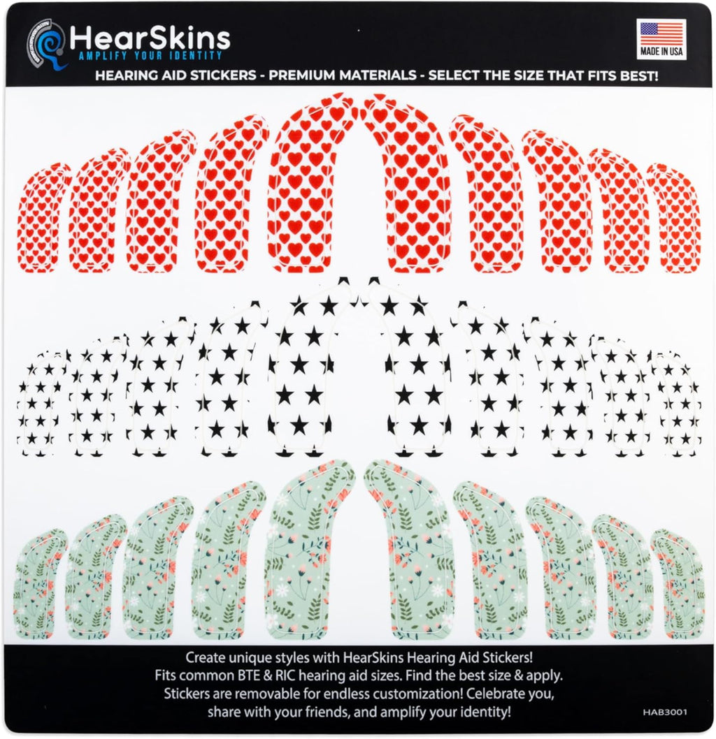 Hearing Aid Stickers Decals Skins | Hearts, Stars, Flower Patterns | Fits BTE & RIC Amplifiers, Find The Best Size and Apply, Easily Removable & Repositionable