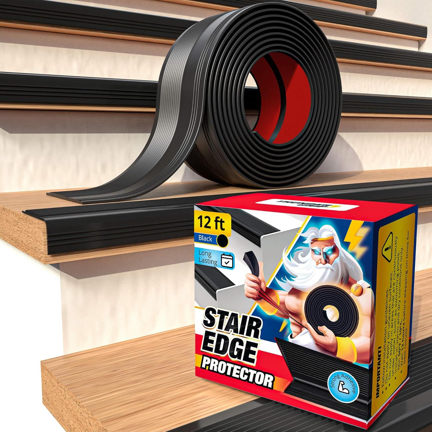 Stair Edge Protector 12 Ft - Black Rubber Edge Trim for Steps - Stair Nose Molding - Rubber Nose Trim - Fit for Indoor and Outdoor - Non Slip and Waterproof
