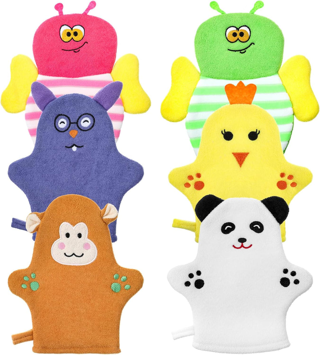 Sibba 6 Pcs Baby Bath Mitt Washcloths Gloves, Gentle Cute Exfoliating Wash Mitt Animal Pattern, Baby Mittens Bath Towel Glove Soft Scrub Toddler Wash Cloths Body Scrubber Bathing Loofah Infant Gloves