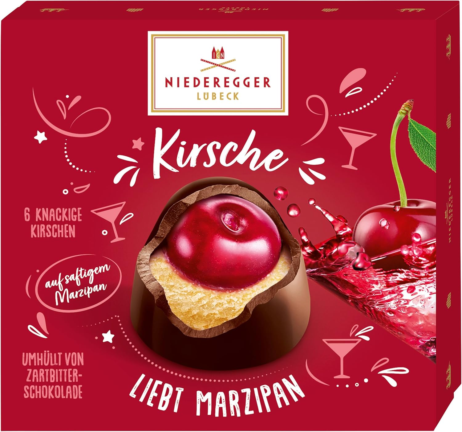 Niederegger "Cherry Loves Marzipan" Pralines Covered with Crisp & Dark Chocolate 108g / 3.8oz | 6 piece per Box | Deliciously Decadent: Premium, Handcrafted, Exquisite | Crafted in Germany since 1806