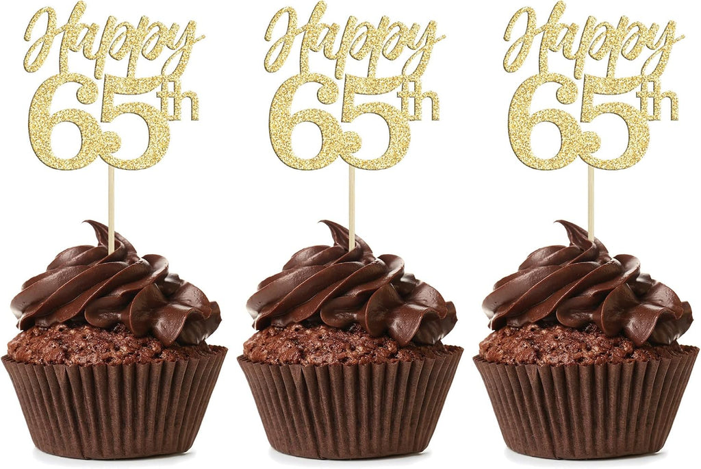 Gyufise 24Pcs Happy 65th Cupcake Toppers Gold Glitter Number 65 Sixty Five Cheers to 65 Cupcake Food Picks Decorations for 70th Birthday Wedding Anniversary Party Supplies