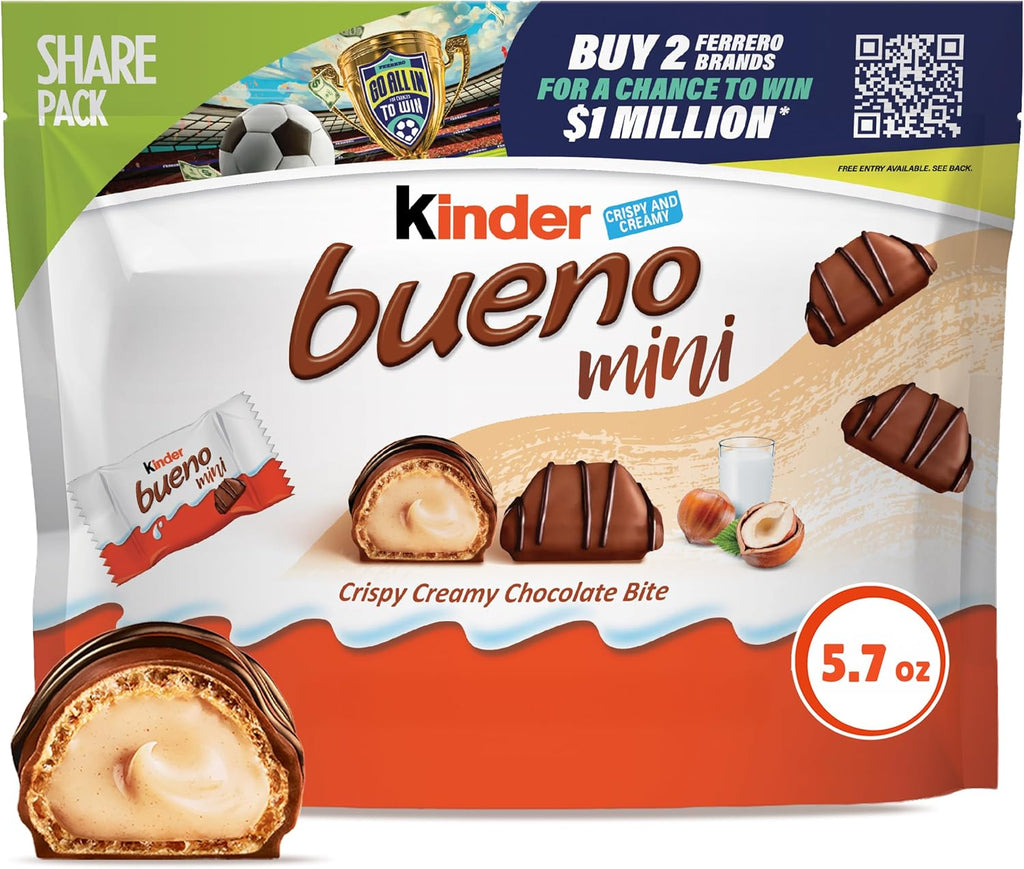 Kinder Bueno Mini Milk Chocolate Bars with Hazelnut Filling, Chocolate Candy Bars for Game Day, Football Party Supplies, Snacks for Adults, 5.7 oz