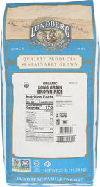 Lundberg Family Farms - Organic Brown Long Grain Rice, Subtle Flavor, Remains Separate When Cooked, Bulk Rice, 100% Whole Grain, High Fiber, Pantry Staple, Gluten-Free, USDA Certified Organic (25 lb)