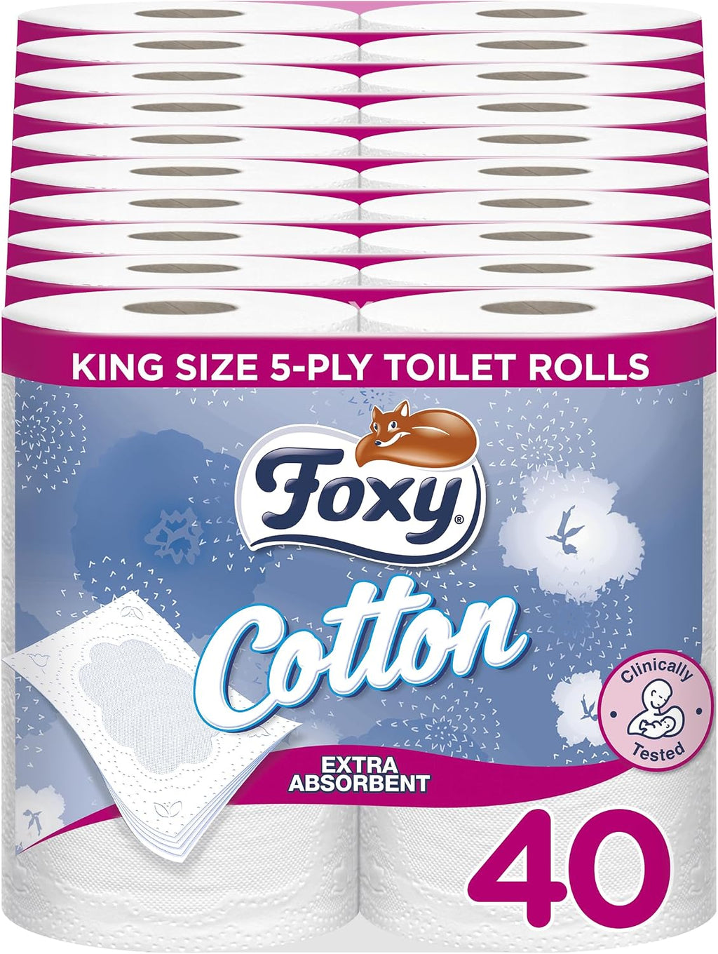 Foxy Cotton | 5 Ply Toilet Paper | 40 Rolls / 115 Tears per Roll - Extra Large Sheets with Real Cotton Fibres | FSC Certified
