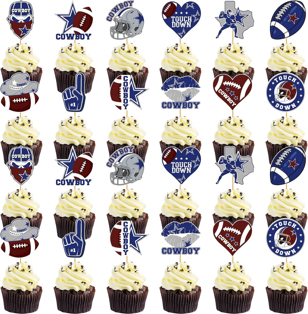 Cowboy Birthday Party Decorations - 24 Pcs Blue Cowboy Football Cupcake Topper Picks, American Rugby Cup Cake Toppers, Game Day Sports Theme Party Supplies Favors Decor for Boys Kids Men