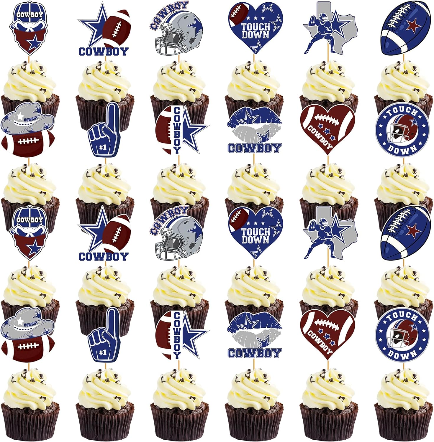 Cowboy Birthday Party Decorations - 24 Pcs Blue Cowboy Football Cupcake Topper Picks, American Rugby Cup Cake Toppers, Game Day Sports Theme Party Supplies Favors Decor for Boys Kids Men