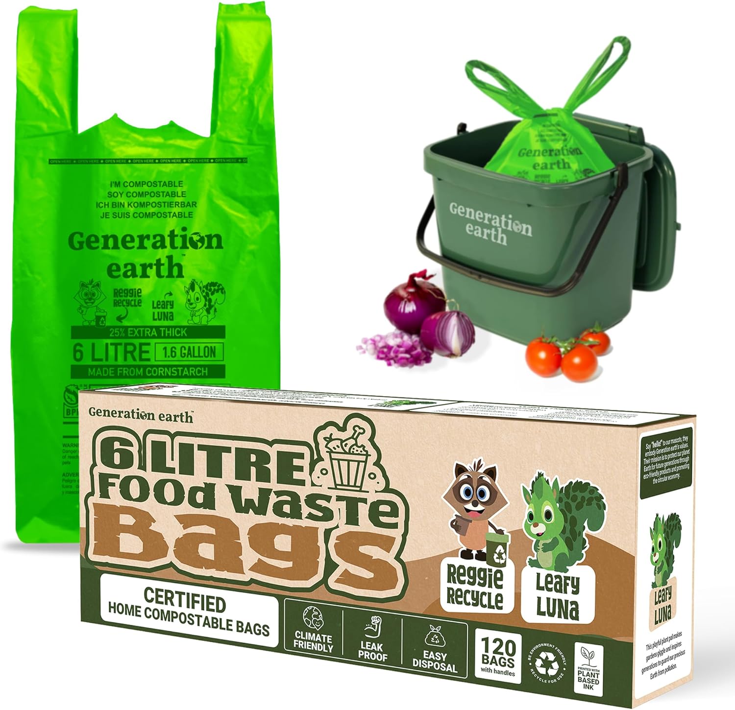 120 Bags 1.6 Gallon (6L) | Tie Handle Compostable Food Waste Bags | BPI Certified Kitchen Countertop Compost Bin Liners | Extra Strong Biodegradable Caddy Bags | Generation earth