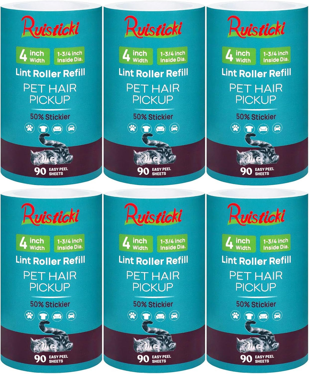 4 inch Extra Sticky Lint Roller Refills for Scotch-Brite Pet Hair Pickup Lint Roller 90 Sheets per Refill 6 Pack - 540 Easy-Tear Adhesive Sheets Total (Inside Dia. 1 3/4 inch)