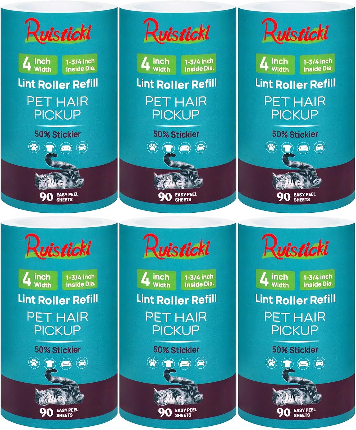 4 inch Extra Sticky Lint Roller Refills for Scotch-Brite Pet Hair Pickup Lint Roller 90 Sheets per Refill 6 Pack - 540 Easy-Tear Adhesive Sheets Total (Inside Dia. 1 3/4 inch)