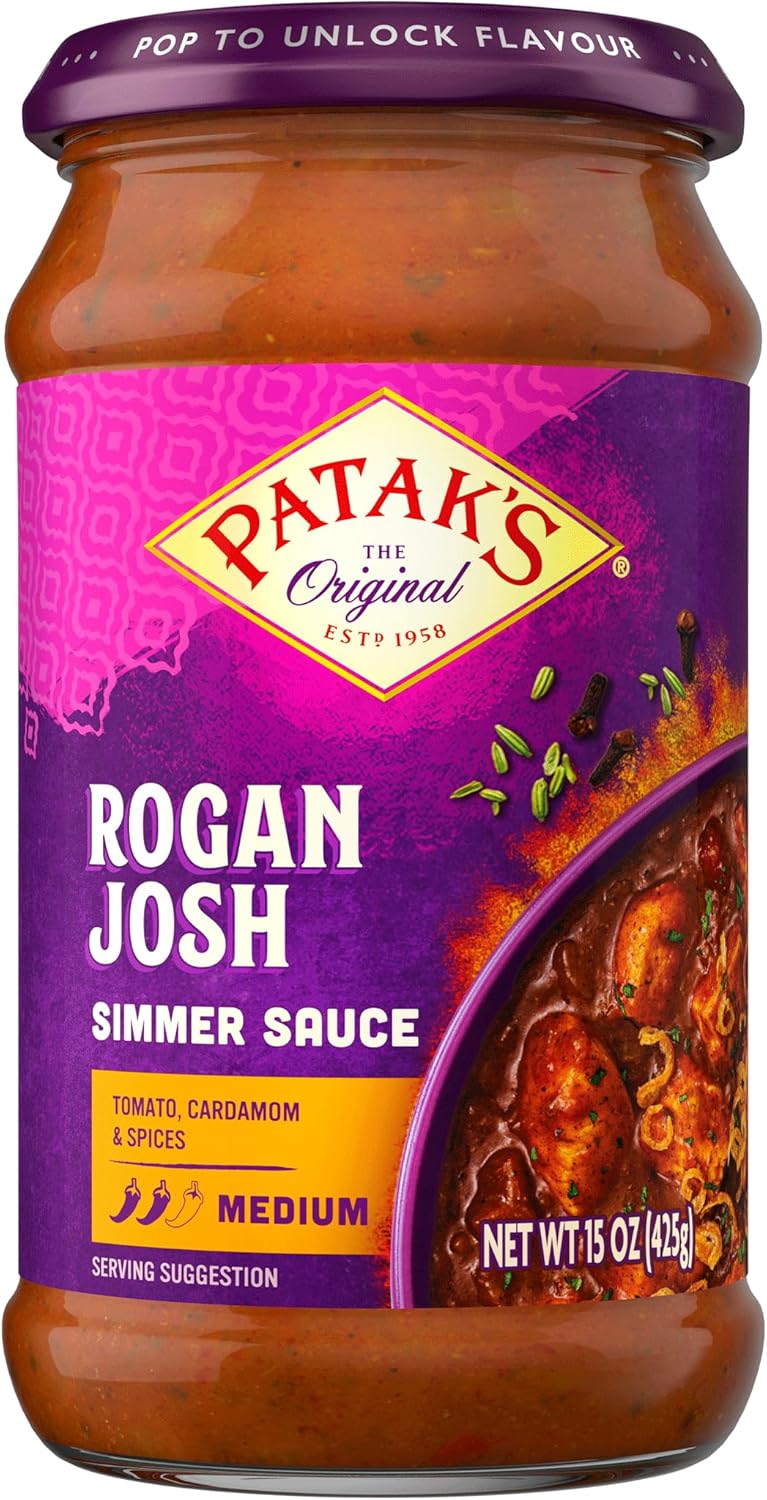 Patak’s Rogan Josh Simmer Sauce - Medium Spiced Tomato-Based Curry Sauce with Garlic, Ginger & Aromatic Spices - Gluten-Free & Vegan Indian Simmer Sauce - Ready in Minutes - 15oz Jar (Pack of 3)