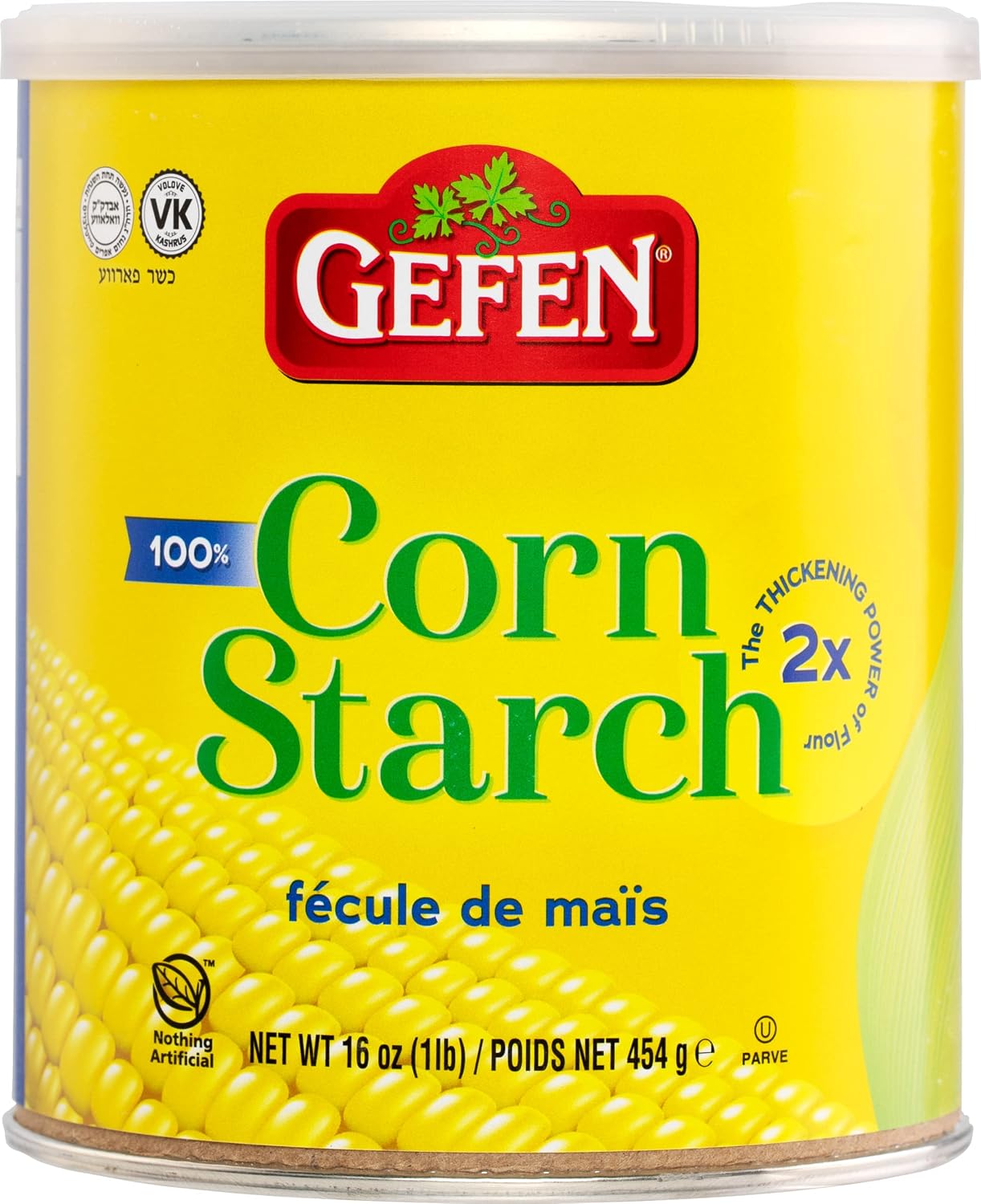 Gefen Corn Starch, 100% Pure, 16oz Canister with Resealable Lid, Kosher, Great Flour Alternative, Twice the Thickening Power of Flour