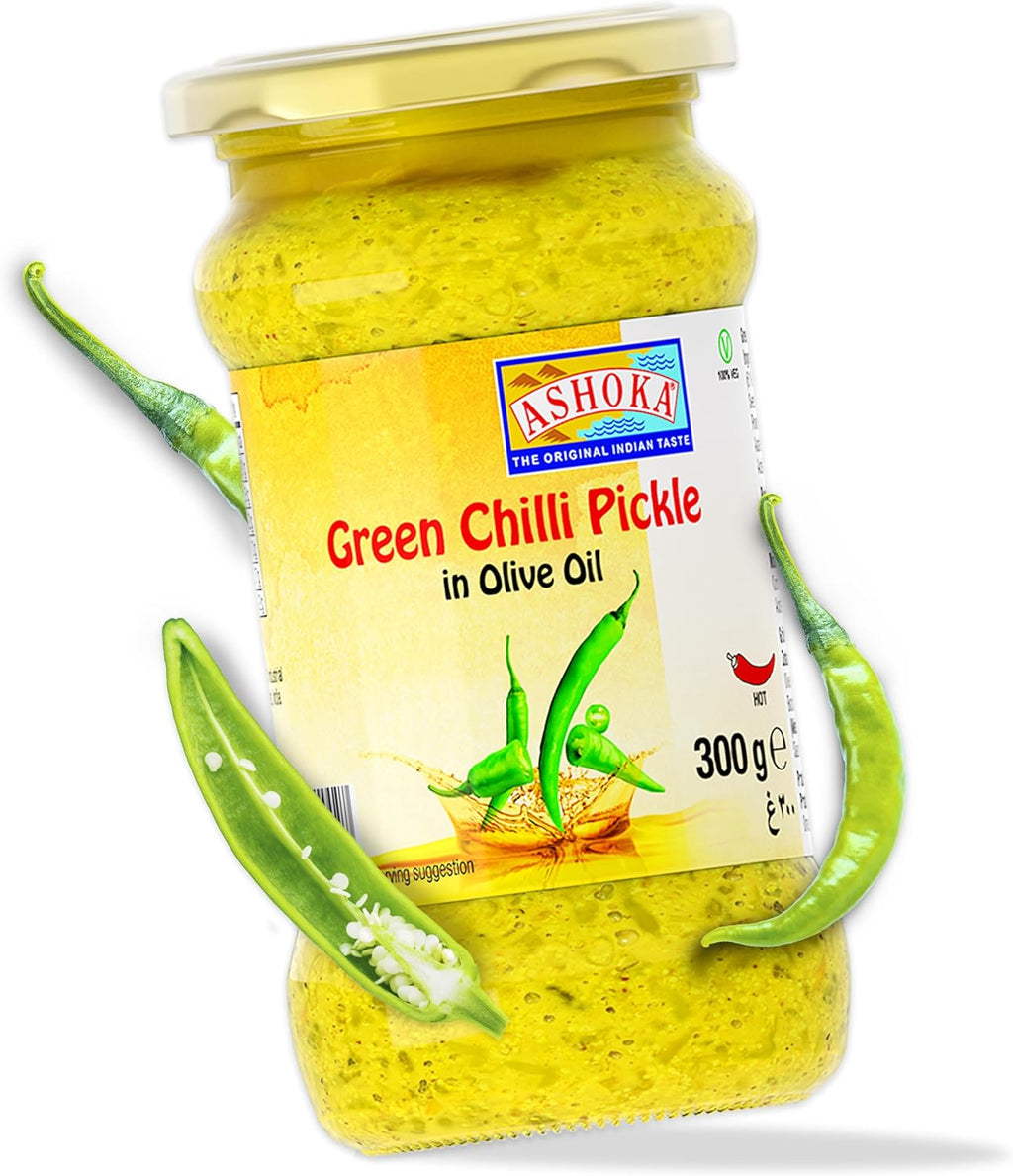 Ashoka 1932 | Green Chilis Pickle in Olive Oil | All Natural | Authentic Indian Achaar | Vegan | Kosher Certified | Indian Condiment | Gourmet Pickle | Great with Rice | Snacks | 300 Grams (Pack of 1)