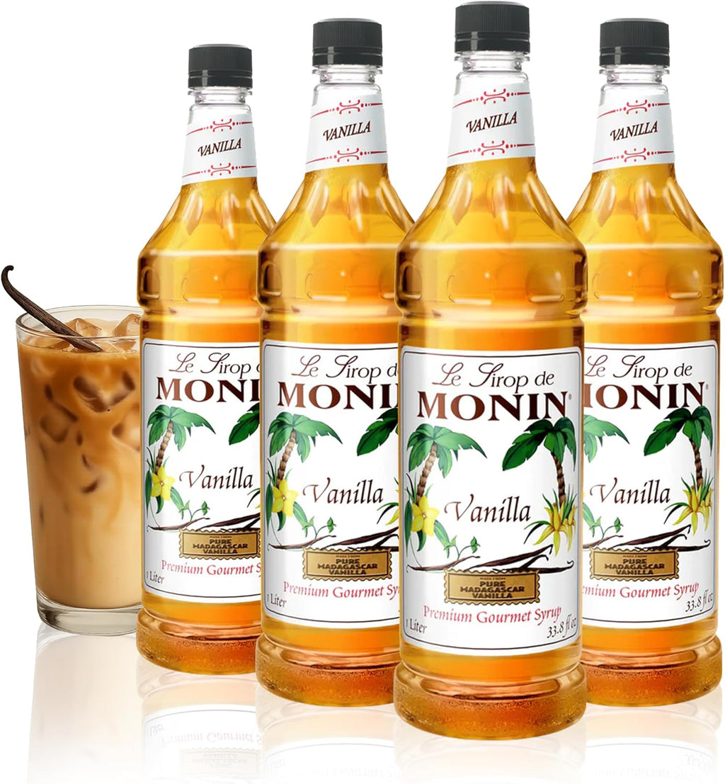 Monin - Vanilla Syrup | Pure & Rare Madagascar Vanilla, Premium Syrup for Coffee, Lattes & More | Clean Label, No Artificial Flavors, No Artificial Preservatives (BPA Free Bottle, 33.8 fl oz, 4-pack)