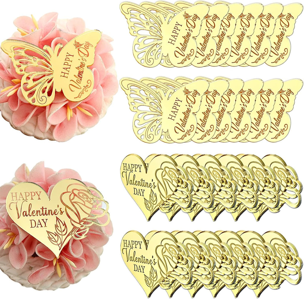 24 Pieces Valentine's Day Butterfly and Heart Design Cupcake Toppers, Gold Mirror Acrylic Decorations, 2.2 x 1.77 Inch Happy Valentine's Day Design
