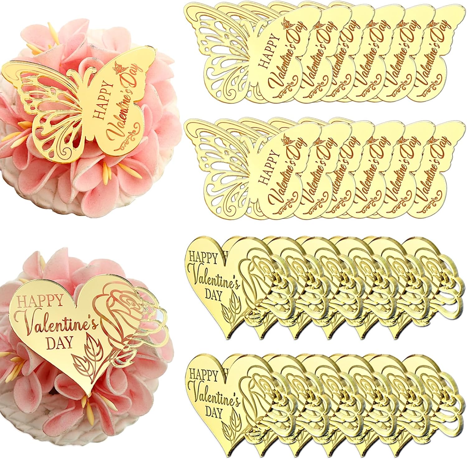 24 Pieces Valentine's Day Butterfly and Heart Design Cupcake Toppers, Gold Mirror Acrylic Decorations, 2.2 x 1.77 Inch Happy Valentine's Day Design
