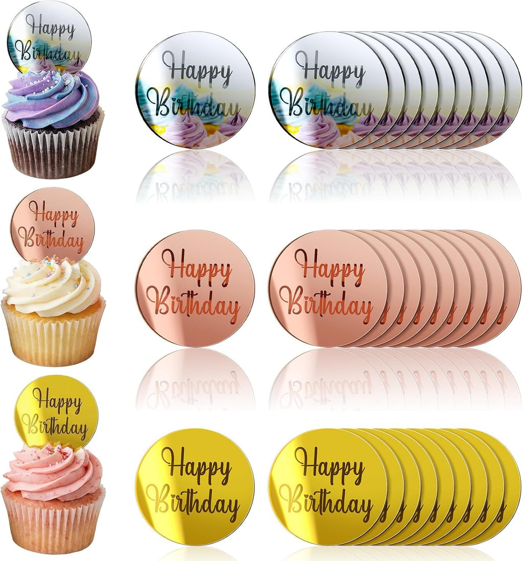 Qunclay 30 Pcs Happy Birthday Acrylic Cake Toppers, Mirror Acrylic Cupcake Toppers, 3 Multi-shape & Gold Rose Gold Silver Cupcake Picks for Birthday Party Pastries Decor DIY Supplies(Round)