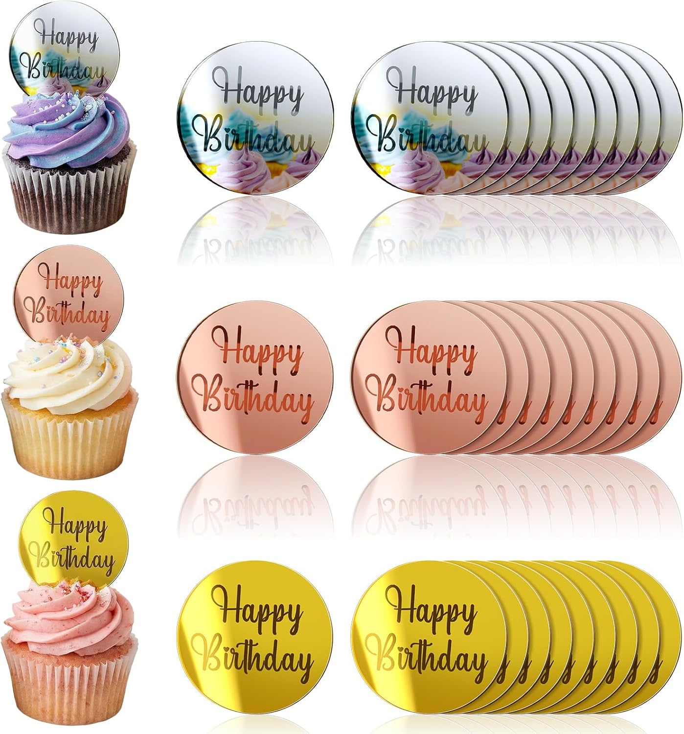 Qunclay 30 Pcs Happy Birthday Acrylic Cake Toppers, Mirror Acrylic Cupcake Toppers, 3 Multi-shape & Gold Rose Gold Silver Cupcake Picks for Birthday Party Pastries Decor DIY Supplies(Round)