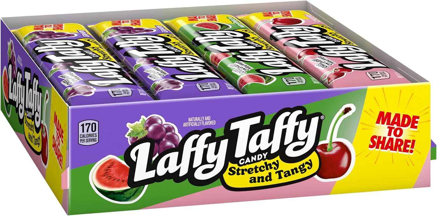 Laffy Taffy Stretchy & Tangy Variety Candy Box, Grape, Watermelon, and Cherry Flavors, 1.5 Ounce Bars (Pack of 24)