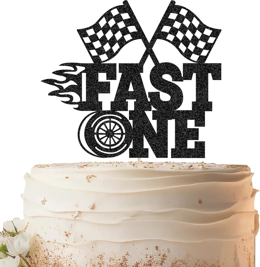 Fast One Cake Topper - Black Glitter Race Car Theme 1st Birthday Party Cake Decoration, Racing Car Checkered Flag First Birthday Party Supplies Photo Booth Props