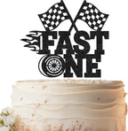 Fast One Cake Topper - Black Glitter Race Car Theme 1st Birthday Party Cake Decoration, Racing Car Checkered Flag First Birthday Party Supplies Photo Booth Props