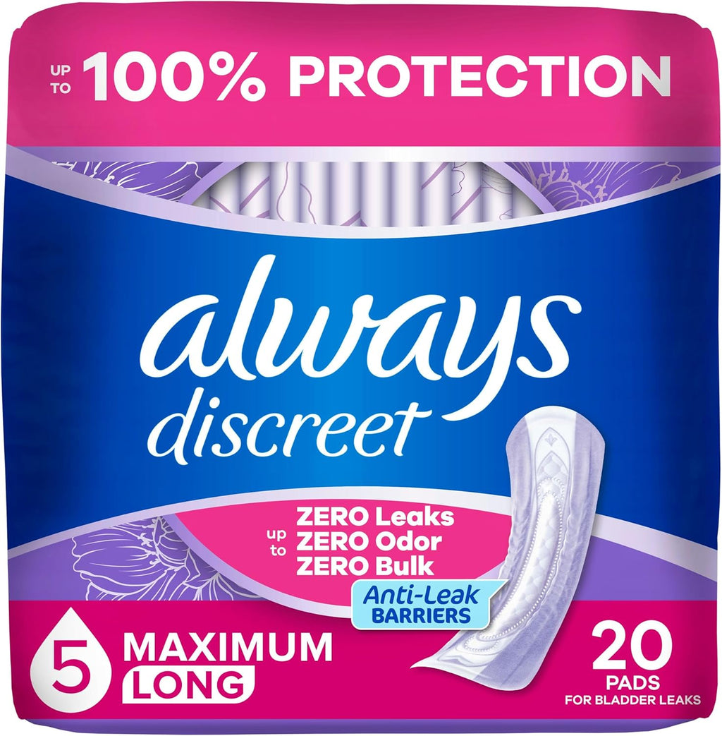 Always Discreet Adult Incontinence Pads for Women, Maximum Absorbency, Long Length, Postpartum Pads, Up to 100% Bladder Leak Protection, 20 Count