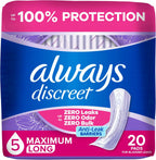 Always Discreet Adult Incontinence Pads for Women, Maximum Absorbency, Long Length, Postpartum Pads, Up to 100% Bladder Leak Protection, 20 Count